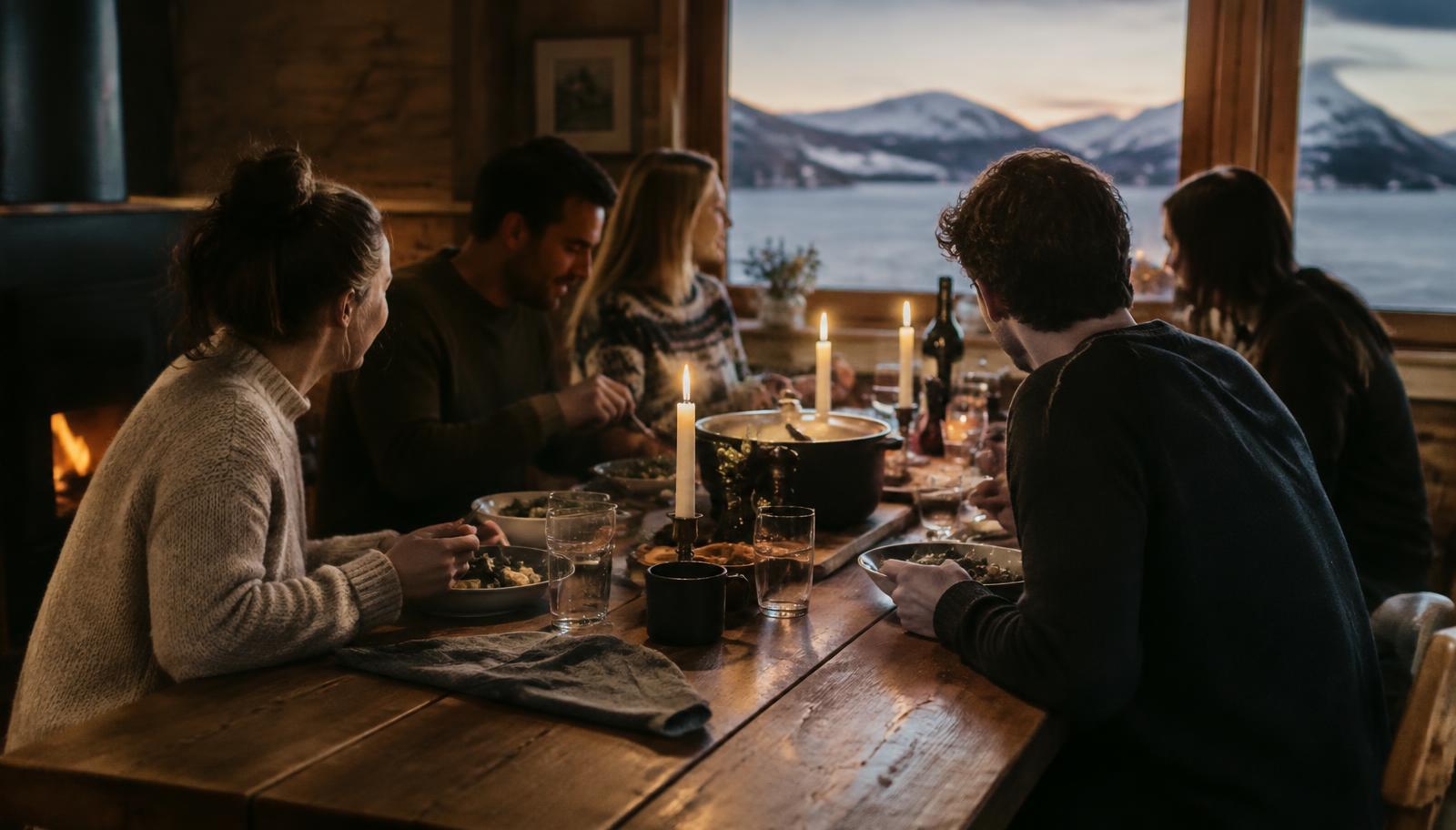 Samen aan tafel bij kaarslicht in een houten hut
