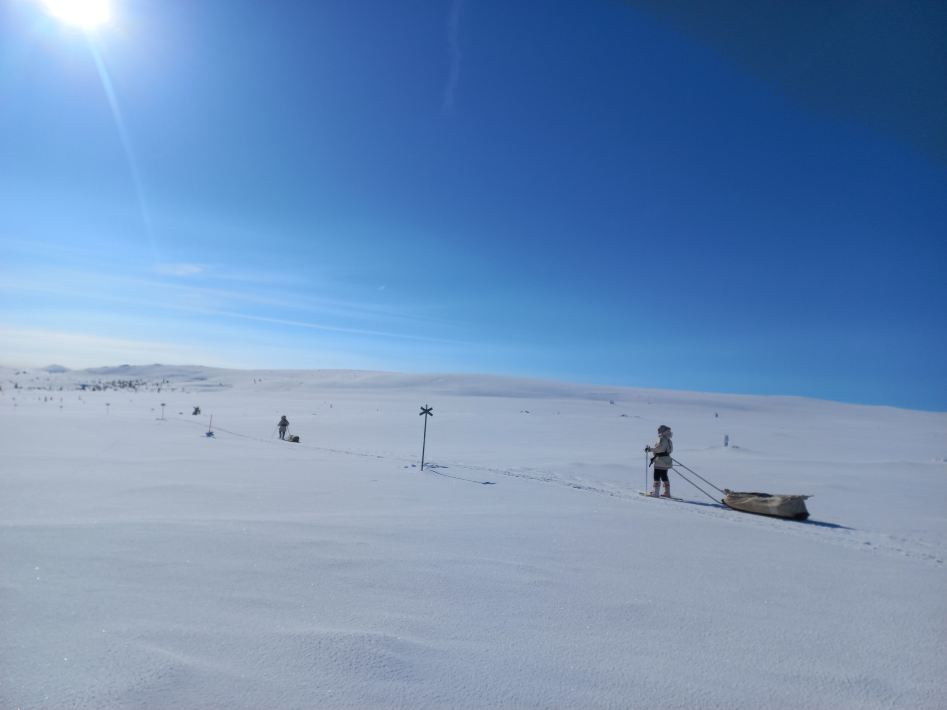 Deelnemers trekken van opzij gezien met hun pulka's door de sneeuwvlakte onder een blauwe lucht